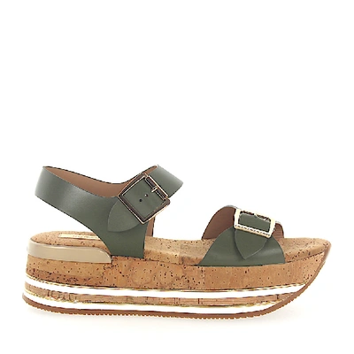 Shop Hogan Platform Sandals H354 Calfskin Khaki In Green