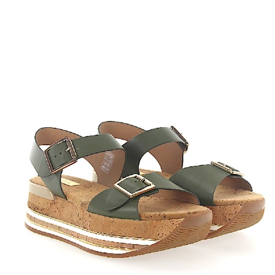 Shop Hogan Platform Sandals H354 Calfskin Khaki In Green