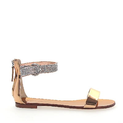 Shop Giuseppe Zanotti Sandals Shooting Calfskin Crystal Ornament Metallic Bronze Gold