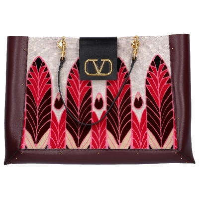 Shop Valentino Garavani Women Shopper City Safari Canvas Calfskin Velvet Bordeau In Beige,red
