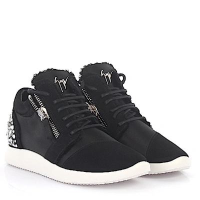 Shop Giuseppe Zanotti Sneaker Suede Decorative Zipper Gem Black