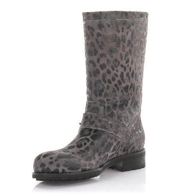 Shop Jimmy Choo Boots Calfskin Suede Decorative Buckle Lion Print Grey