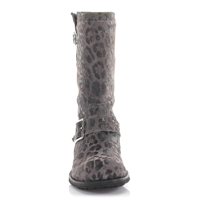 Shop Jimmy Choo Boots Calfskin Suede Decorative Buckle Lion Print Grey