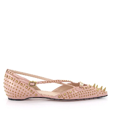 Shop Gucci Ankle Strap Ballet Flats Calfskin Rivets Rose In Beige