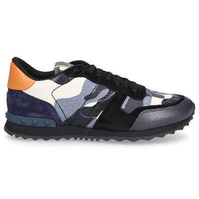 Shop Valentino Low-top Sneakers Rockstud Calfskin Logo Black Blue In Black,blue