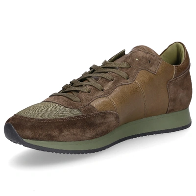 Shop Philippe Model Sneaker Low Tropez Smooth Leather Suede Logo Olive