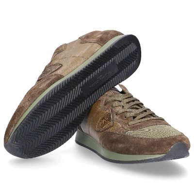 Shop Philippe Model Sneaker Low Tropez Smooth Leather Suede Logo Olive