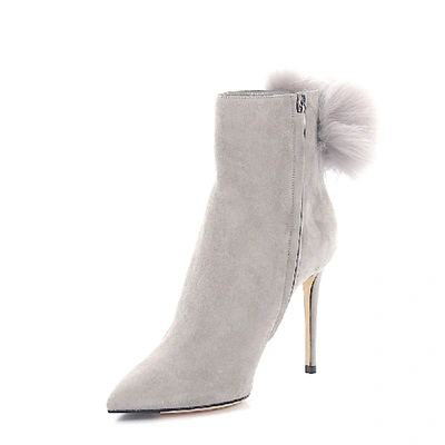 Shop Jimmy Choo Ankle Boots Suede Fur Upper Pompom Grey