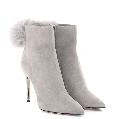 Shop Jimmy Choo Ankle Boots Suede Fur Upper Pompom Grey