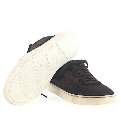 Shop Santoni Low-top Sneakers Calfskin Suede Logo Brown