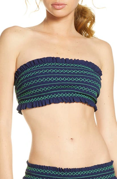 Shop Tory Burch Costa Smocked Bandeau Bikini Top In Tory Navy / Court Green