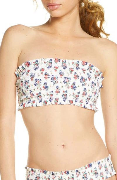 Shop Tory Burch Costa Smocked Bandeau Bikini Top In Tea Rose Ditsy
