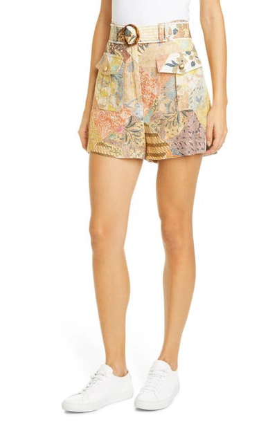 Shop Zimmermann Brightside Belted Linen Shorts In Batik Patch