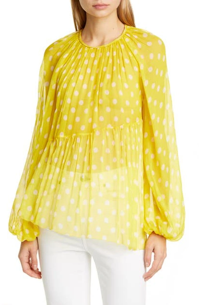 Shop Zimmermann Brightside Dot Asymmetrical Silk Chiffon Blouse In Sunflower/ Pearl Dot