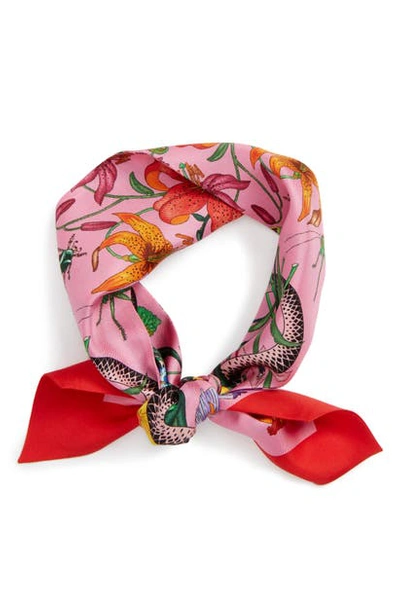 Shop Gucci Flora Snake Silk Scarf In Roseate/red