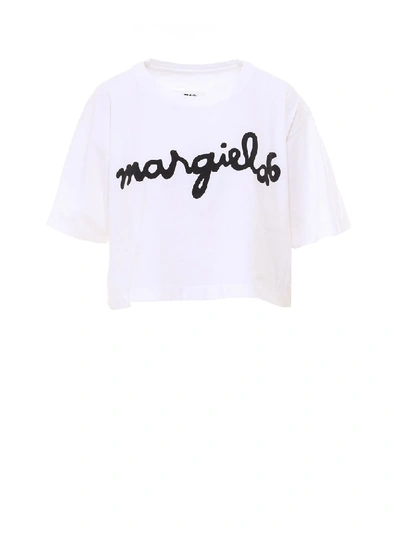 Shop Mm6 Maison Margiela Logo Printed Cropped Top In White
