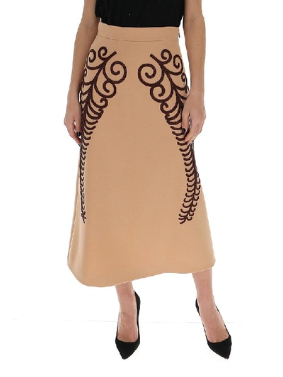 Shop Prada Embroidered Midi Skirt In Brown