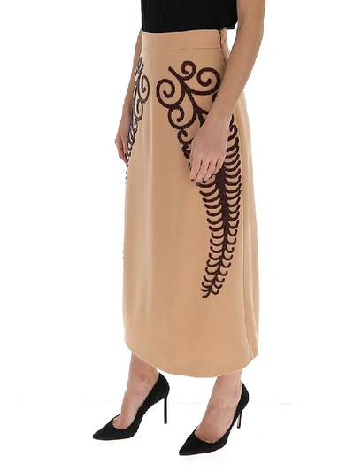 Shop Prada Embroidered Midi Skirt In Brown