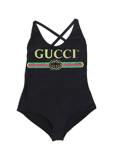 Shop Gucci Logo Sparkling Swimsuit In Black