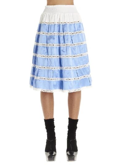 Shop Prada Tiered Lace Detail Midi Skirt In Blue
