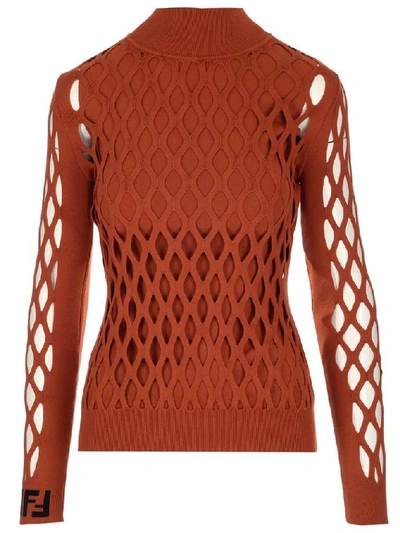 Shop Fendi Cut Out Lattice Detail Sweater In Red