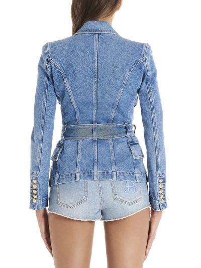 Shop Balmain Double Breasted Denim Blazer In Blue