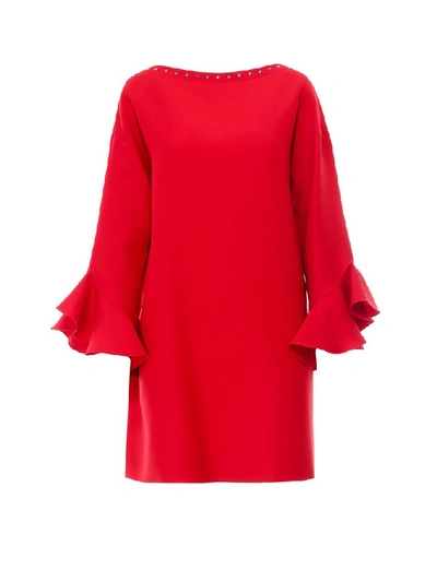 Shop Valentino Embellished Ruffle Trim Shift Dress In Red