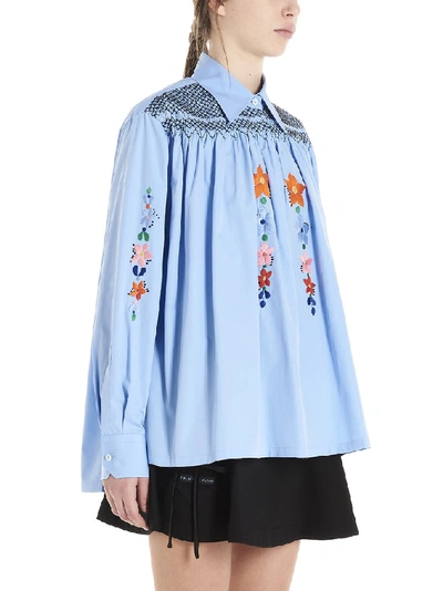 Shop Prada Floral Embroidered Shirt In Blue