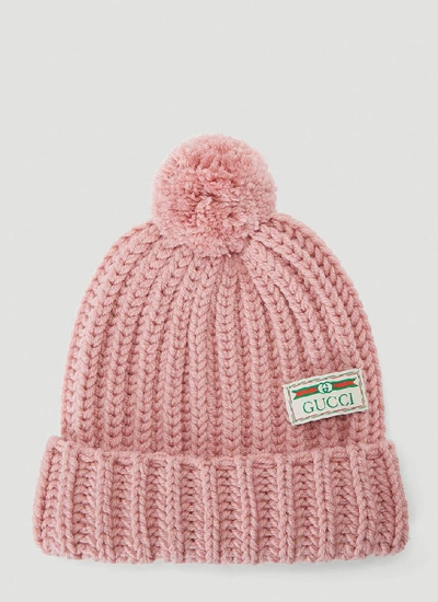 Shop Gucci Logo Patch Pom Pom Beanie In Pink