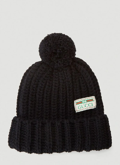 Shop Gucci Logo Patch Pom Pom Beanie In Black