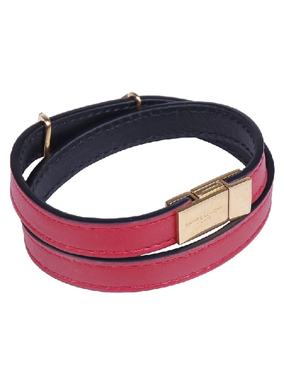 Shop Saint Laurent Logo Leather Wrap Bracelet In Red