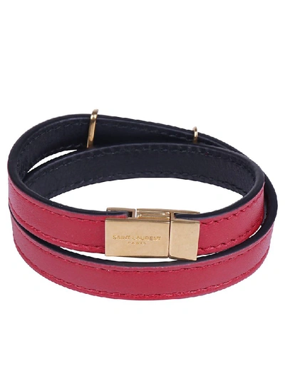 Shop Saint Laurent Logo Leather Wrap Bracelet In Red