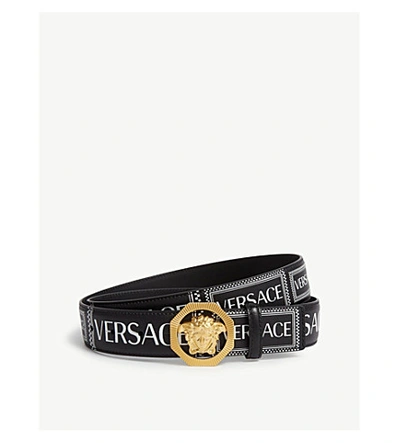 Shop Versace Medusa Leather Belt In Black White Gold