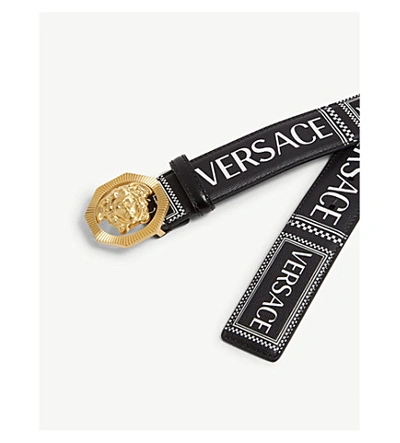 Shop Versace Medusa Leather Belt In Black White Gold