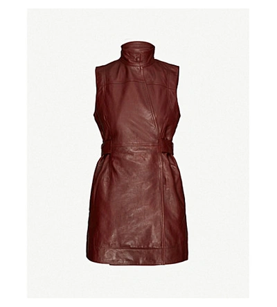 Shop Ganni Sleeveless Lamb-leather Wrap Dress In Decadent+chocolate