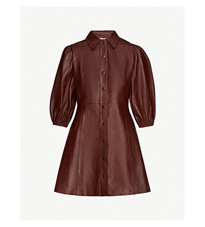 Shop Ganni Puffed-sleeve Leather Mini Dress In Decadent+chocolate