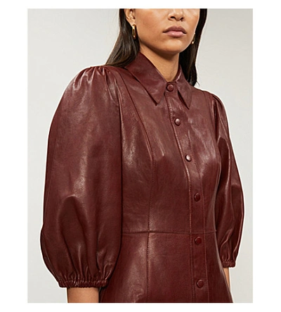 Shop Ganni Puffed-sleeve Leather Mini Dress In Decadent+chocolate