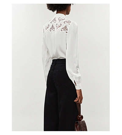 Shop Sandro Lace-embroidered Relaxed-fit Satin Shirt In Ecru