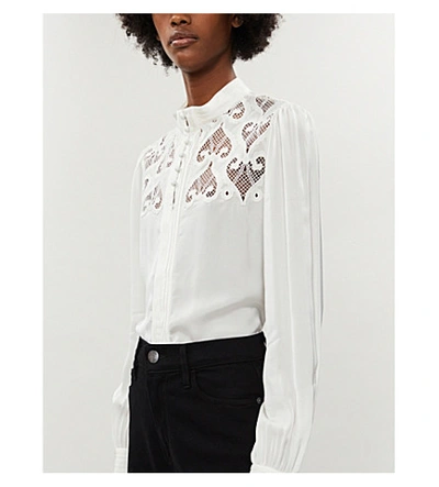Shop Sandro Lace-embroidered Relaxed-fit Satin Shirt In Ecru