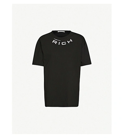 Shop Alessandra Rich Logo-print Embellished Cotton-jersey T-shirt In Black