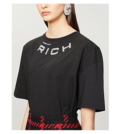 Shop Alessandra Rich Logo-print Embellished Cotton-jersey T-shirt In Black