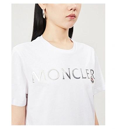 Shop Moncler Metallic Logo-print Cotton-jersey T-shirt In White