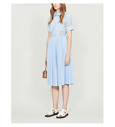 Shop Claudie Pierlot Broderie Anglaise Pleated Cotton Midi Dress In Bleuciel