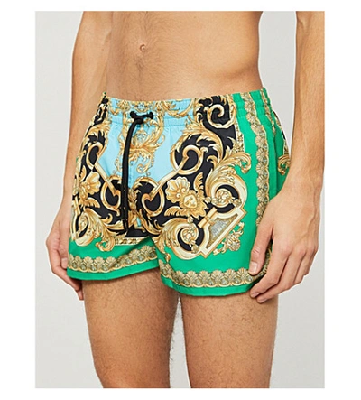 Shop Versace Barocco-print Slim-fit Swim Shorts In Green Multi