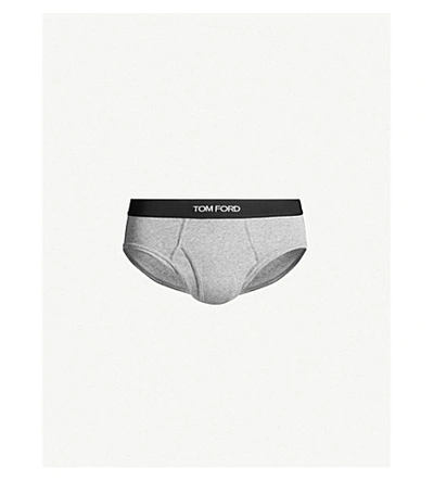 Shop Tom Ford Men's Grey Logo-print Slim-fit Stretch-cotton Briefs
