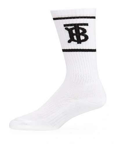 Shop Burberry Men's Tb Logo Dual-stripe Sport Socks In White