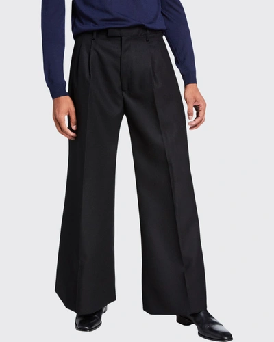 Shop Bottega Veneta Men's Wide-leg Lightweight Wool Pants In Black