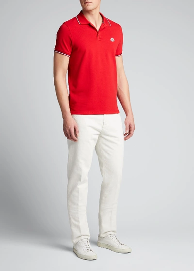 Shop Moncler Men's Striped-trim Polo Shirt In Red