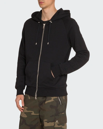 Shop Balmain Men's Solid Embossed-sleeve Zip-front Hoodie Sweatshirt In Black