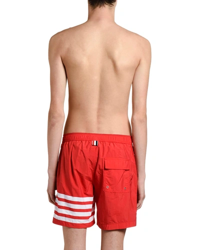 Shop Thom Browne Men's Four-stripe Swim Trunks In Red